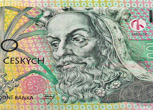 Part of a banknote of 100 Czech crowns closeup with Karl IV Luxembourg portrait
