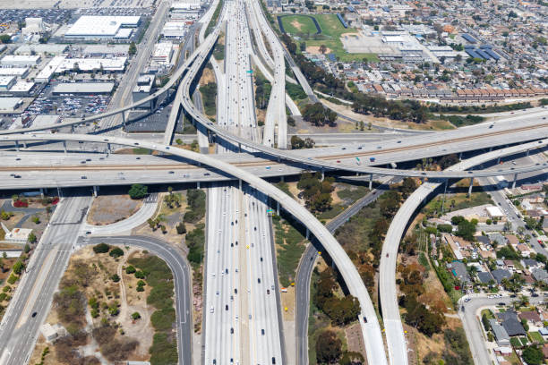 istock Century San Diego Freeway interchange intersection junction Highway Los Angeles roads traffic America city aerial view photo 1286578523