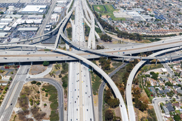 Century San Diego Freeway interchange intersection junction Highway Los Angeles roads traffic America city aerial view photo Century San Diego Freeway interchange intersection junction Highway Los Angeles roads traffic America city aerial top view photo highway 405 photos stock pictures, royalty-free photos & images