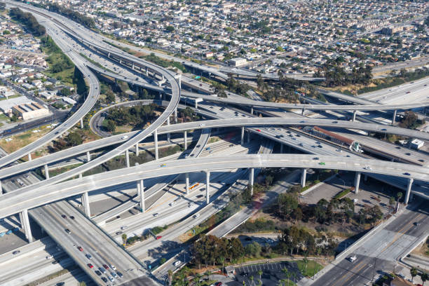 istock Century Harbor Freeway interchange intersection junction Highway Los Angeles roads traffic America city aerial view photo 1286579447