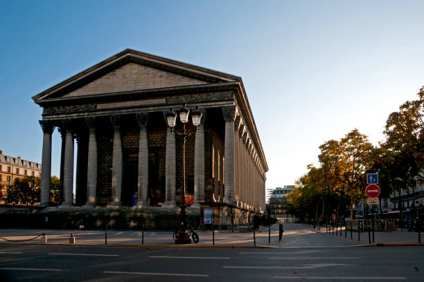 Madeleine church outdoor, and empty street during second wave and second coronavirus lockdown in Paris. November 5, 2020