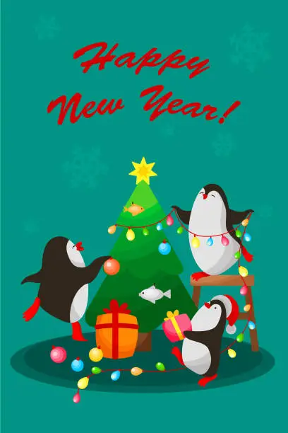 Vector illustration of penguins, new year, christmas card, banner, inscription happy new year, vertical format, on a turquoise background, vector illustration