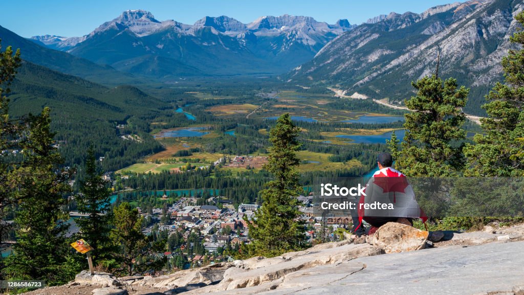 Hiking Views around Lake Louise, Lakeview trail, Plain of six glaciers, Lake Agnes, Mirror Lake, and Little and Big Beehive, Banff National Park, Canada. People Stock Photo