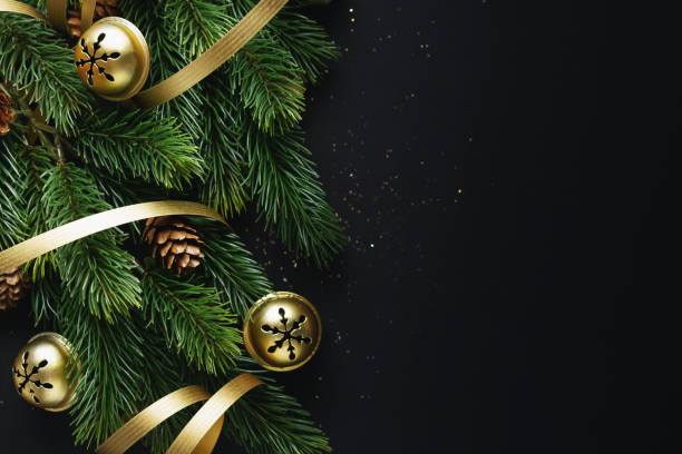istock Christmas deco with fir and baubles on dark 1286586827