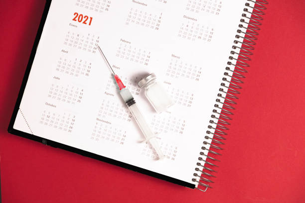istock syringe and vaccine with calendar 2021, red background 1286586866