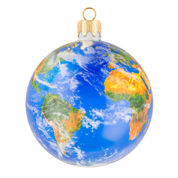 istock Christmas ball with Earth map texture, 3D rendering isolated on white background. 1286588811