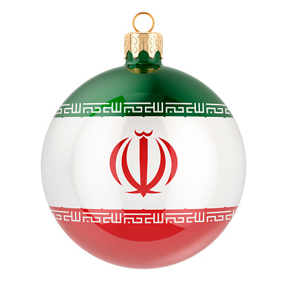 Christmas ball with Iranian flag, 3D rendering isolated on white background