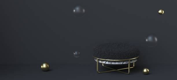 istock Abstract background black fur podium with flying spheres 3D 1286588936