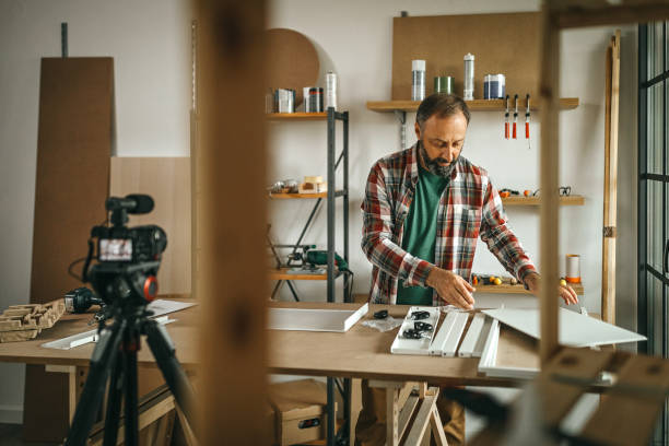 Mature influencer vlogging about diy project from home
