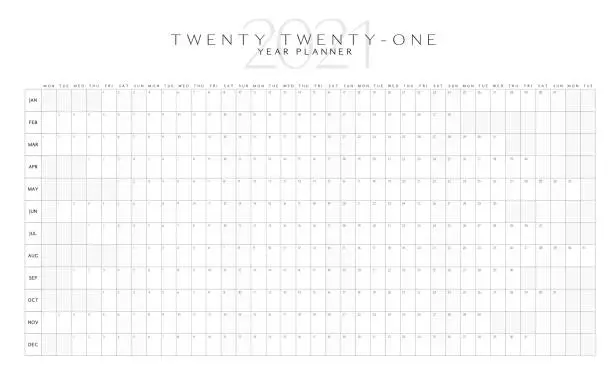 Vector illustration of Black and white simple horizontal 2021 Year Planner