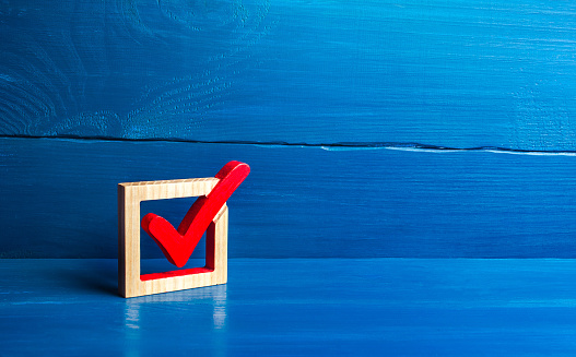 Red voting tick in a box. Checkbox. Presidential or parliamental democratic elections, referendum. Social poll. Rights and freedoms. Voting. Lawmaking. Approval symbol