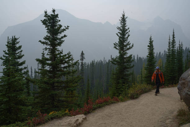 A girl is captured hiking in the Rocky Mountains with beautiful views all around.