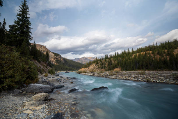 Nature. Mountain landscape at the morning. River, stones and forest in a mountain valley. Natural landscape. Image for postcards, wallpapers, backgrounds.