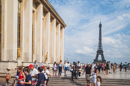 07 July 2019 - Paris, France: Tourists at Place du Trocadero with Eiffel Tower in background