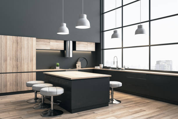 istock Contemporary kitchen interior with dinning table and city view. 1286592646