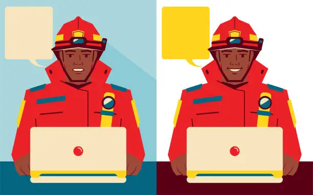 Vector illustration of Handsome firefighter in two facial expressions uses laptop
