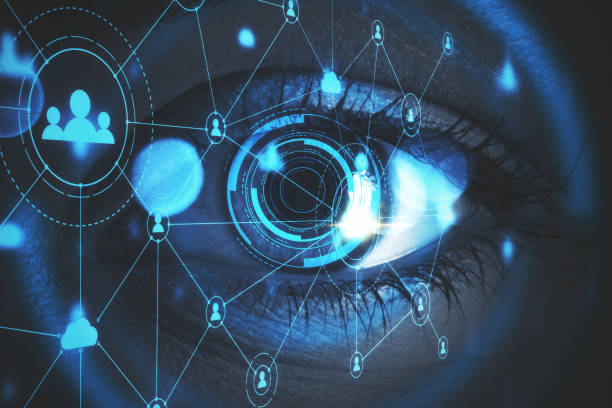 istock Human eye and cyber technology panel with social media hologram. 1286592936