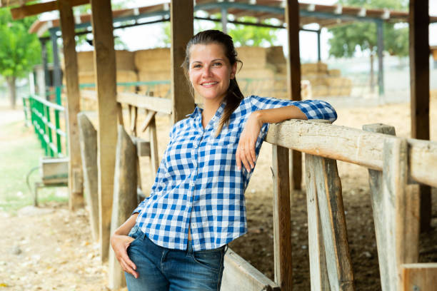 istock Successful female farmer near cowshed 1286594938