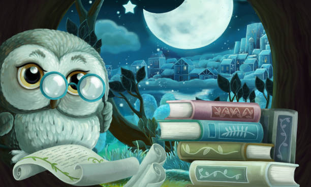 istock cartoon scene with wise owl in its tree house learning reading books - illustration 1286595261