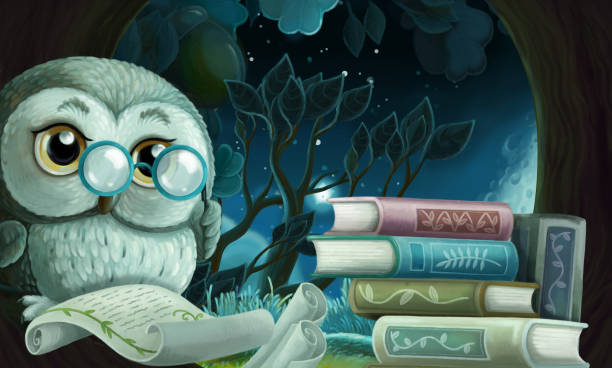istock cartoon scene with wise owl in its tree house learning reading books - illustration 1286595867