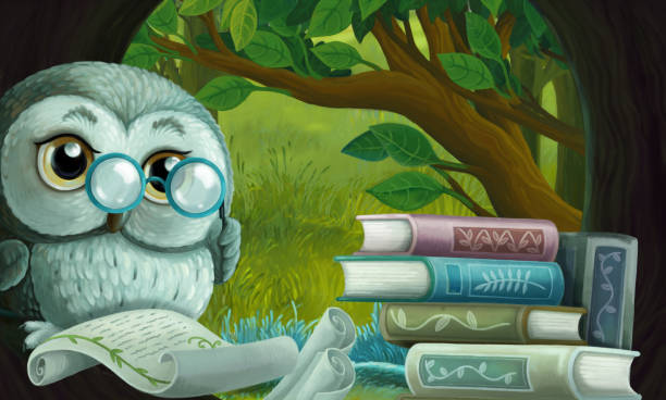 istock cartoon scene with wise owl in its tree house learning reading books - illustration 1286595893