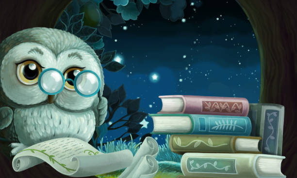 istock cartoon scene with wise owl in its tree house learning reading books - illustration 1286596018