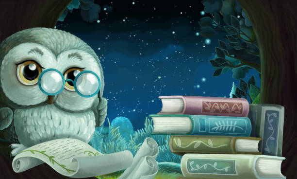 istock cartoon scene with wise owl in its tree house learning reading books - illustration 1286596037