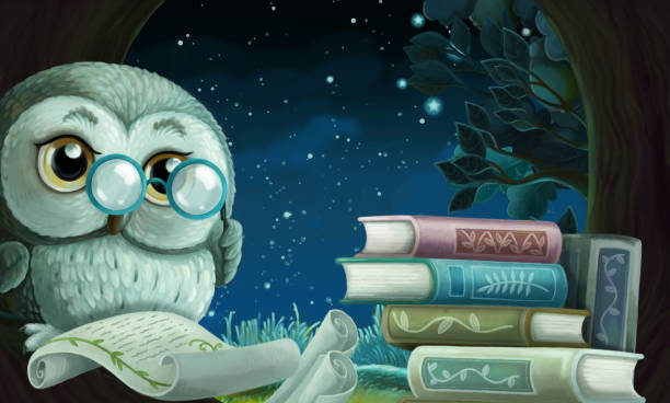 istock cartoon scene with wise owl in its tree house learning reading books - illustration 1286596038