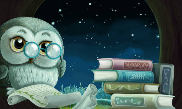 istock cartoon scene with wise owl in its tree house learning reading books - illustration 1286596042