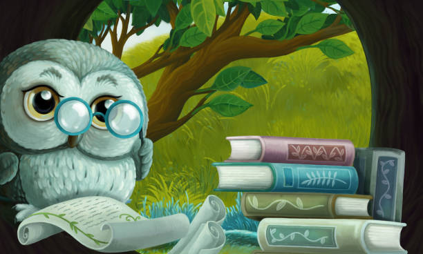 istock cartoon scene with wise owl in its tree house learning reading books - illustration 1286596070