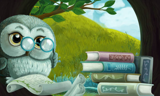 istock cartoon scene with wise owl in its tree house learning reading books - illustration 1286596112