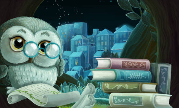 istock cartoon scene with wise owl in its tree house learning reading books - illustration 1286596119