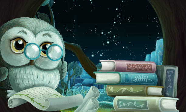 istock cartoon scene with wise owl in its tree house learning reading books - illustration 1286596149