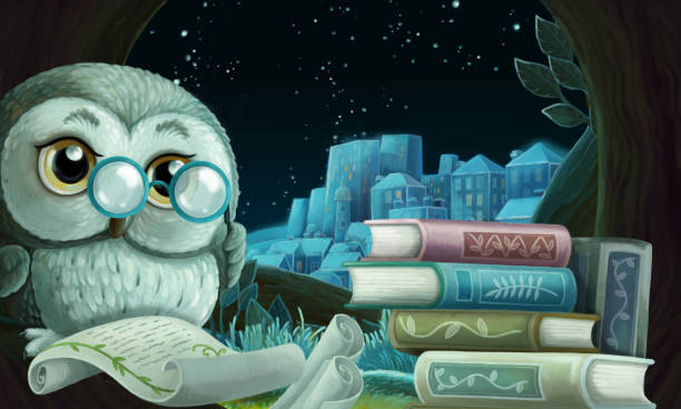 istock cartoon scene with wise owl in its tree house learning reading books - illustration 1286596175