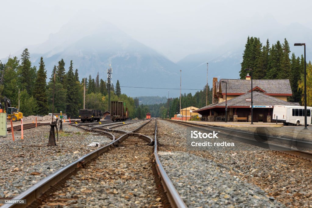 CP Rail Train at Banff Railway Station, Alberta Canada Rail Transportation Stock Photo