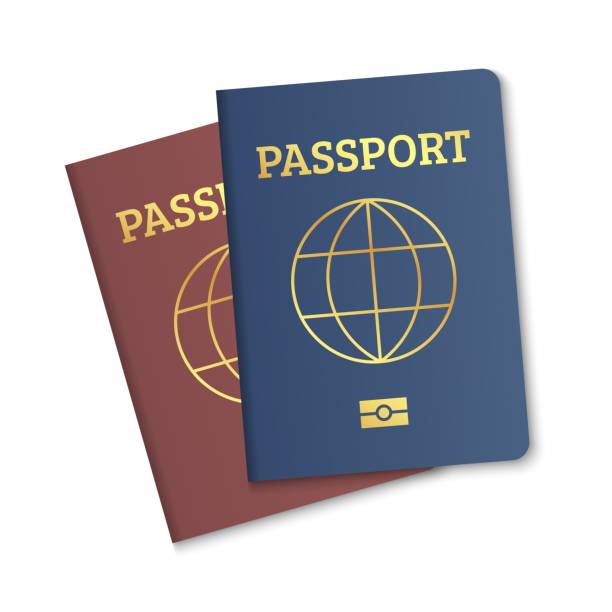 istock International passport cover red and blue template. Vector biometric citizen passports cover with map 1286598701