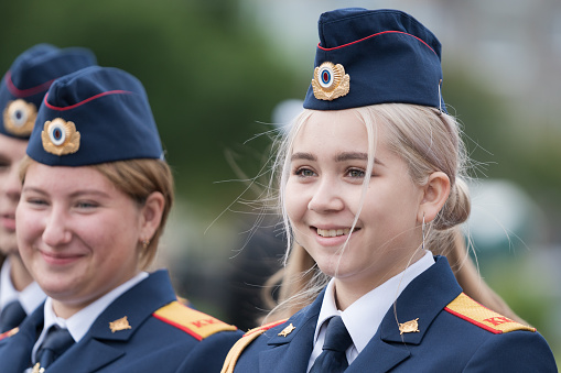 Cadets in uniform of Cadet Class Investigative Committee of Russia during solemn event dedicated to 75th anniversary of completion Invasion of Kuril Islands World War II. Petropavlovsk-Kamchatsky City, Kamchatka Peninsula, Russian Federation- September 2, 2020.