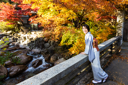 A senior Japanese woman dressed in Kimono enjoying the outdoors during the Autumn season in Japan with beautiful colored Maple leaves from a bridge over a rocky river.