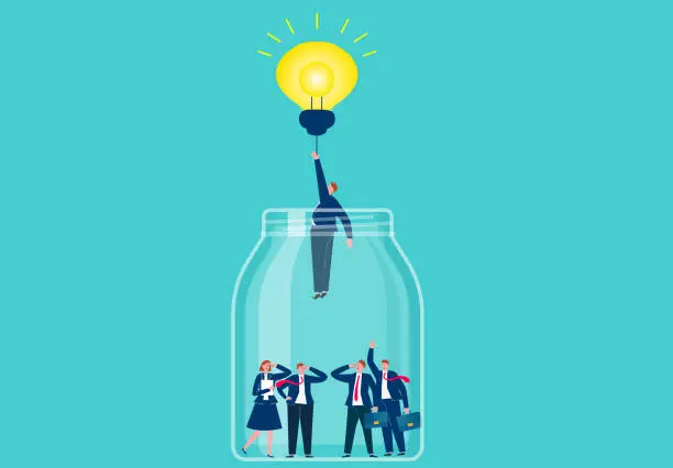 Vector illustration of Innovative solutions, breakthroughs and innovations, the businessman flew out of the glass bottle with the bright light bulb