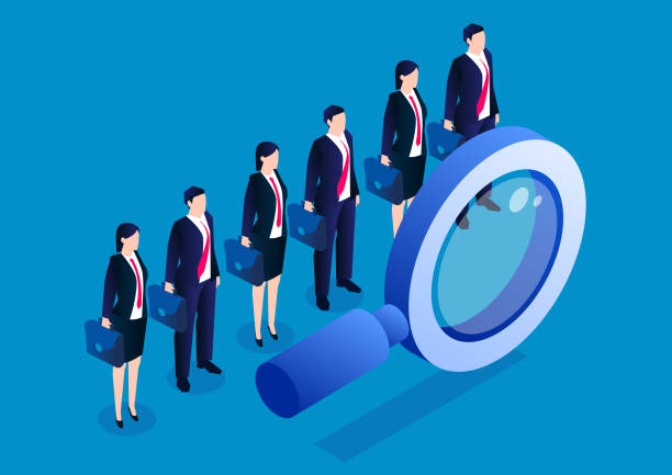 ilustrações de stock, clip art, desenhos animados e ícones de a row of businessmen standing behind a magnifying glass, concept of recruitment and candidates - individuality standing out from the crowd contrasts competition