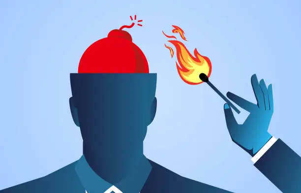 Vector illustration of Emotional stress, anger and impulsive emotions, holding a burning match in hand to light the bomb in the brain