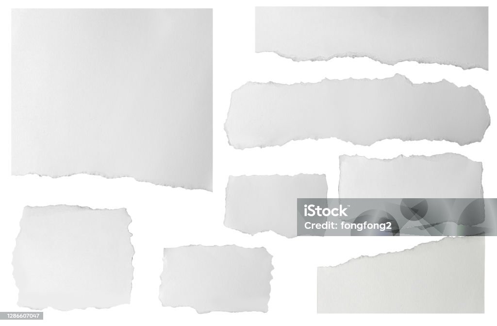 Satz von länglich zerrissenen Papierfragmenten isoliert auf weißem Hintergrund - Lizenzfrei Zeitung Stock-Foto