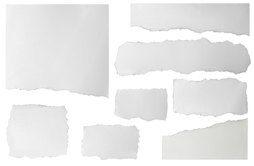 Conjunto de fragmentos de papel desgarrados alargados aislados sobre fondo blanco photo
