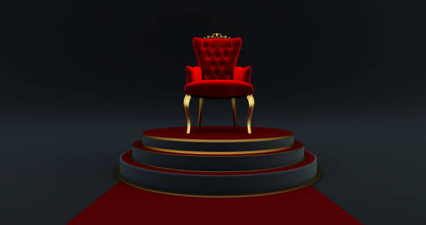 renderização 3d da cadeira real vermelha em um pedestal. tapete vermelho que leva ao trono luxuoso, lugar para o rei. trono real, - carpet red nobility rope - fotografias e filmes do acervo
