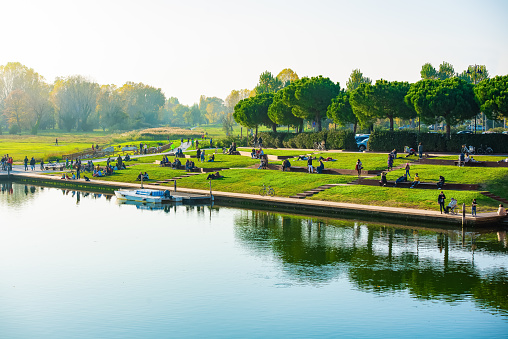 crowd of multiethnical people chilling and relaxing in a outdoor public park wearing warm winter clothes.nature landscapes with green trees and grass.concept about movement of the persons and leisure time