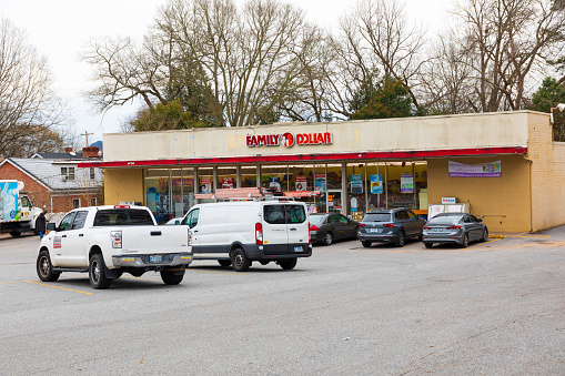 Kings Mtn, NC, USA-4 March 2020: A Family Dollar store building and parking lot.