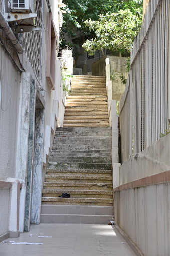 An outdoor city staircase connecting Mar Mikhael neighborhood to higher ground in Beirut
