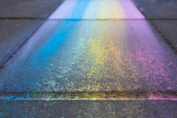 istock Perspective view of colorful rainbow drawing with chalk on pavement with shallow focus 1286615536