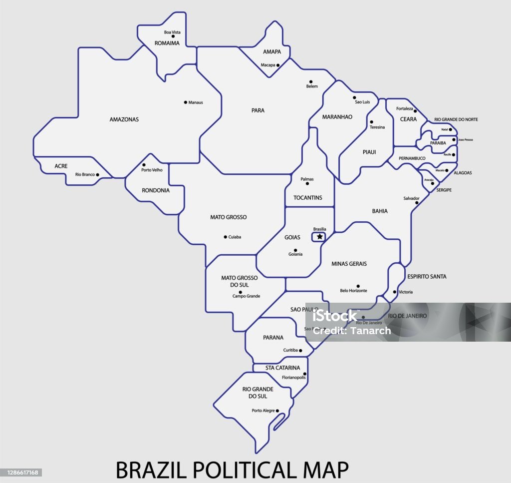 브라질 정치지도는 국가 다채로운 윤곽 단순 스타일에 의해 분할. - 로열티 프리 브라질 벡터 아트