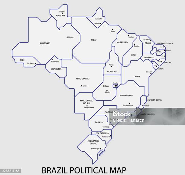 브라질 정치지도는 국가 다채로운 윤곽 단순 스타일에 의해 분할 브라질에 대한 스톡 벡터 아트 및 기타 이미지 - 브라질, 지도, 벡터